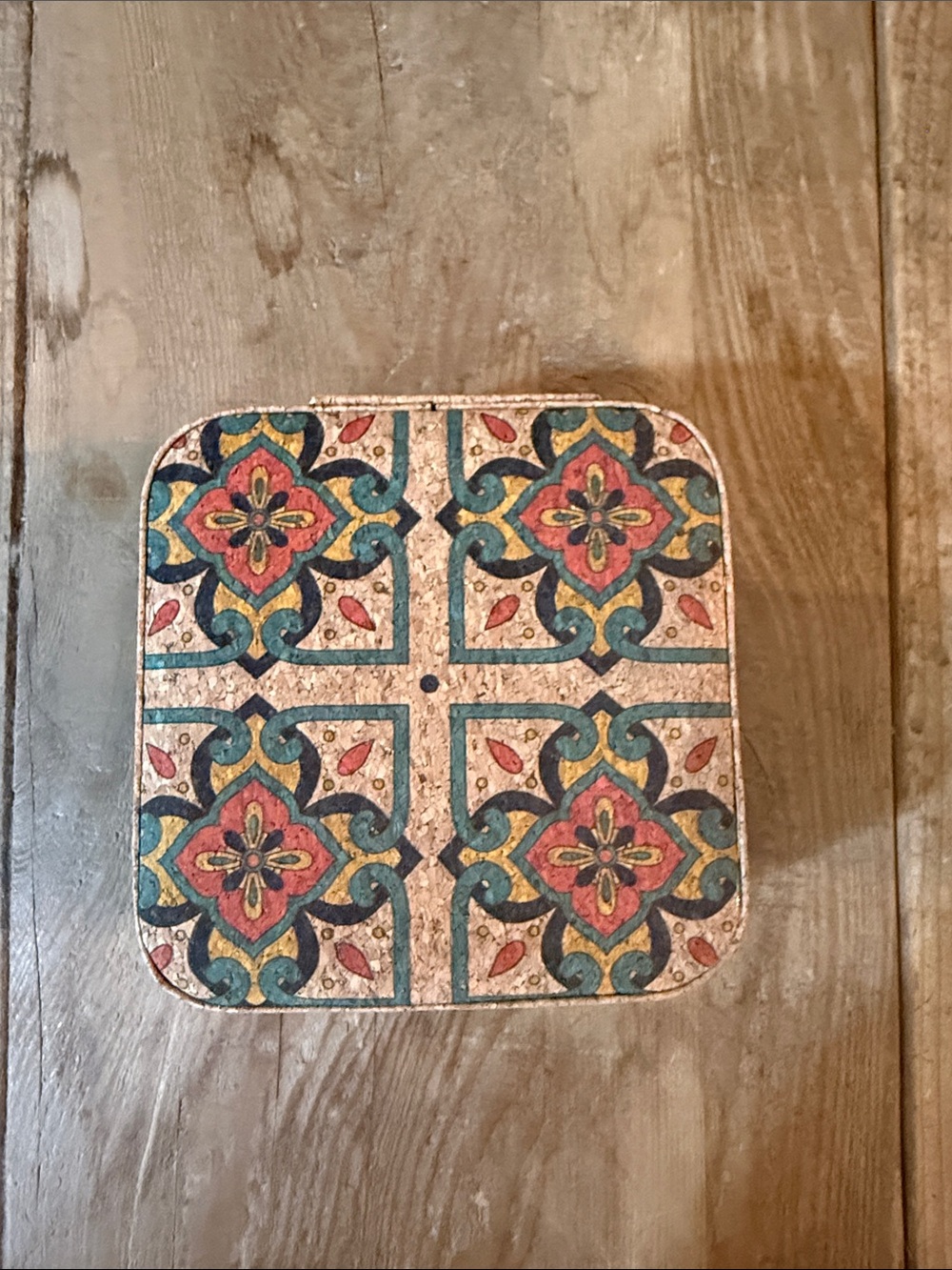 Cork Tile-Pattern Coaster in Teal and Coral